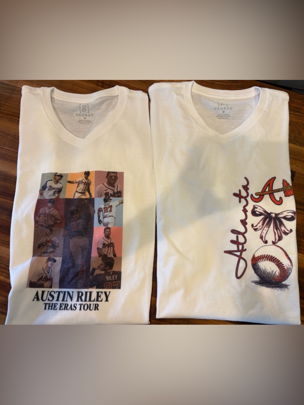 2 White V-Neck Atlanta Braves Custom T—shirts size M